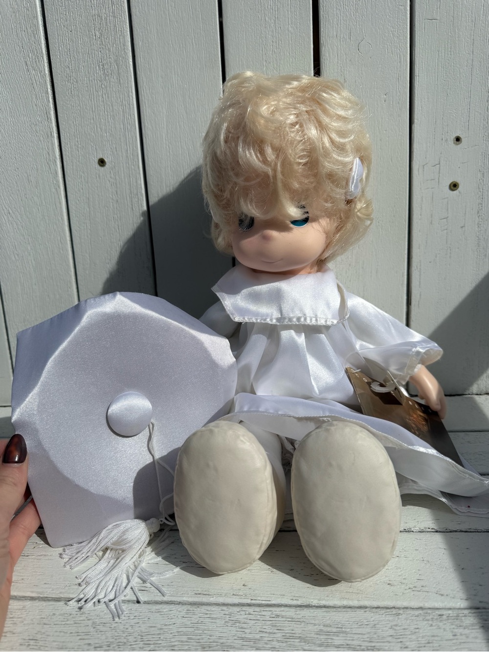 Precious Moments Blonde Doll in White Graduation Outfit